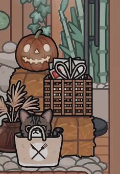 a cat sitting in a basket next to a pumpkin and other items on a table