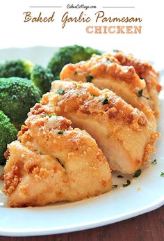 baked garlic parmesan chicken on a plate with broccoli