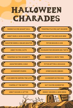 a poster with the words halloween charadess written in black and yellow on it