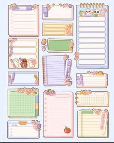 an assortment of notepads with flowers and teddy bears on them