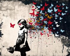 Bring the Streets Indoors: Banksy Girl With Butterflies Canvas Art Print Own a piece of urban art history with this stunning Banksy canvas print featuring his iconic "Girl With Butterflies" stencil. The Details: Gallery-quality reproduction artwork. Vibrant, long-lasting inks on artist-grade canvas for a museum-worthy look. Available in a variety of sizes to perfectly fit your space. Makes a bold statement in any home, apartment, dorm, or office. Keywords: Banksy, street art, graffiti art, stencil art, urban art, pop art, girl with butterflies, butterfly wall art, Banksy canvas print, Banksy wall art, Banksy decor, Banksy for sale, urban wall art, contemporary art, social commentary Looking for a conversation starter? This Banksy print is sure to get noticed and spark discussions about art Wall Art Banksy, Croquis, Butterflies Stencil, Iconic Girl, Banksy Street Art, Banksy Artwork, Banksy Wall Art, Butterfly Stencil, Graffiti Girl