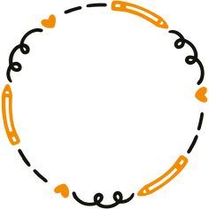 an orange and black circle with hearts in the center on a white background, drawn by hand