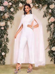 Women's Solid Color Crew Neck Maxi Slit Sleeve Elegant Jumpsuit, Wedding & Occasion White Party  Extra-Long Sleeve Fabric Plain  Slight Stretch  Weddings & Events, size features are:Bust: ,Length: ,Sleeve Length: White Pantsuits For Women Wedding, White Pantsuits For Women, Pantsuits For Women Wedding, Jumpsuit Wedding, White Pantsuit, Elegant Jumpsuit, Color Crew, White Long Sleeve Dress