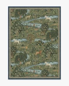 a tapestry with animals and trees in the background, on a green groundcloth wall hanging