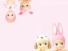 three little bunnies are sitting next to each other on a pink background with an egg in the middle