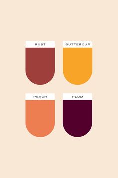 three different shades of paint with the words rust, buttercup, peach and plum