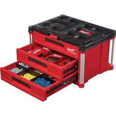 two red tool boxes with tools in them on top of each other and the bottom drawer is open