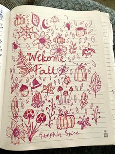 an open notebook with the words welcome fall written on it