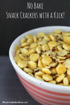 no bake snack crackers with a kick in a red and white striped bowl