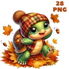 a cartoon turtle with a hat and scarf on it's head sitting in leaves