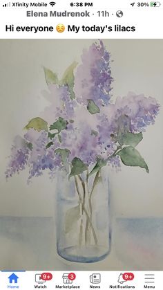 a painting of purple flowers in a glass vase