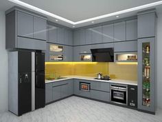 a modern kitchen with grey cabinets and yellow lights on the ceiling, along with white marble flooring