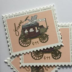 two postage stamps with the words san francisco stationery company and an image of a horse drawn carriage