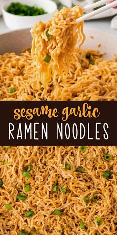 sesame garlic ramen noodles in a pan with chopsticks