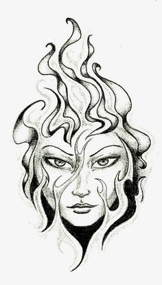 a drawing of a woman's face with flames coming out of her eyes and hair blowing in the wind