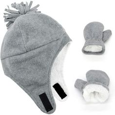 Zando Toddler Kids Winter Warm Fleece Lined Beanie Knit Hat with Ear Flaps for Baby Girls Boys Notice: 1.Strechy Size: Sizes S suggest to 2-12 Month infant, M suggest to 1-2 Ages baby, for SIZE S & M, the mittens do not have thumbs; L suggest to 2-4 Ages toddler, the mittens have thumbs. 2.Warm and Comfortable: Baby hat and mittens, made from soft and comfortable Polyester materials, double layered with soft and fuzzy sherpa lining. Naturally warm fleece, a little water resistant. All day cozy t Toddler Winter Hat, Stylish Winter Hats, Baby Hat And Mittens, Grey Mittens, Boys Winter Hats, Pilot Hat, Fleece Beanie, Earflap Beanie, Fleece Hats