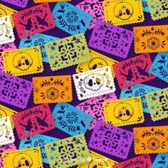 a colorful background with skulls and flowers on the side, in different colors that are yellow, blue, pink, purple, orange