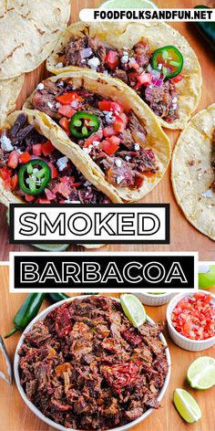 several different types of food on a wooden table with the words smoked barbacoa