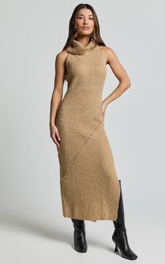 Elevate your wardrobe with the Alaina Midi Dress, a testament to timeless elegance and conscious fashion. Crafted from Recycled Polyester, this knit dress isn’t just a style statement—it's a step towards a more sustainable future. Embodying a seamless blend of casual sophistication and empowering charm, the Alaina Dress in its alluring caramel hue is a versatile piece designed for the modern woman. Product Details: Pull on style Knit Dress Fully Fashioned Knit High neckline Casual wear Midi leng Roll Neck Dress, Red Sequin Dress, Basic Black Dress, Knitwear Outfit, Spring Maxi Dress, Neon Outfits, Bachelorette Dress, Knit Dresses, Navy Bridesmaid Dresses