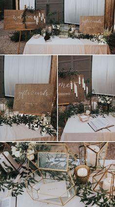 the table is set up with candles, flowers and signs for guests to sit at