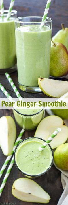 pear ginger smoothie in two glasses with green straws on the side and apples next to it