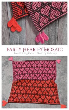 two knitted items with hearts on them and the words party hearty mosaic