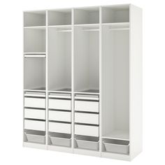 a white closet with drawers and bins on the bottom shelf next to each other