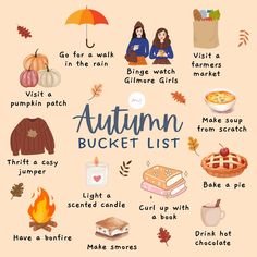 an autumn bucket list with the words and pictures below it, including pumpkins, pies, watermelon, ice cream