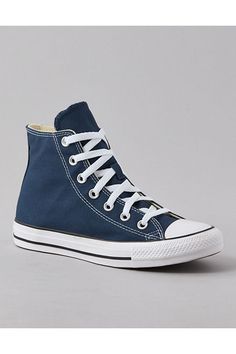 Cotton canvas upper/Round toe/Lace-up silhouette/OrthoLite cushioning/Iconic Chuck Taylor ankle patch/Diamond pattern rubber outsole Navy Converse High Tops, Navy Blue Converse, Blue Shoes Women, Navy Converse, Blue High Tops, White Jeans Men, Fall Stuff, Quince Ideas, 2024 Christmas