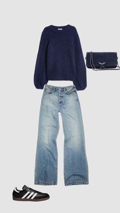 a woman's outfit including jeans, sweater and shoes