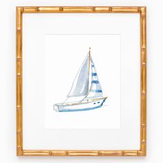 a watercolor painting of a sailboat in blue and white on a white background