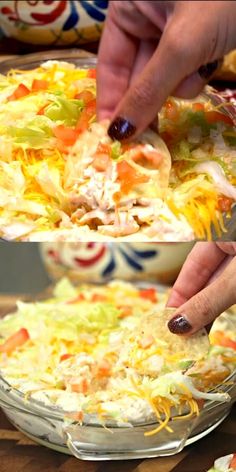 two pictures showing how to make a casserole dish with chicken, cheese and lettuce