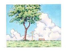 a drawing of a bench under a tree with clouds in the sky behind it on a sunny day