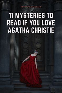 a woman in a red dress standing on steps with the words, 11 mysteries to read if you love agatha christian