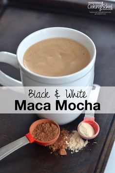 black and white maca mocha in a mug