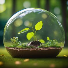 a glass ball filled with plants and dirt on top of a green surface in front of trees