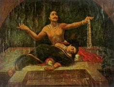 a painting of a man laying on the ground next to a woman