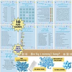 a blue baby shower game with instructions to play and how to use it for games