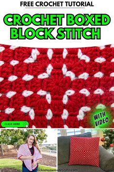 the crochet boxed block stitch pattern is shown in red and white