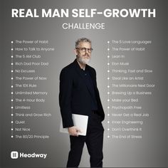 the real man self - growth challenge poster with an image of a man holding a folder