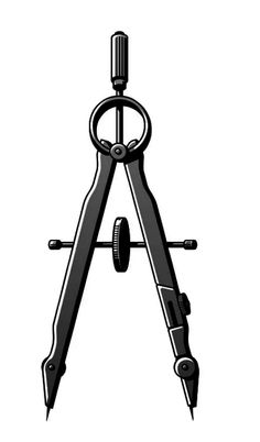 a black and white drawing of a compass on a tripod with two keys in the middle