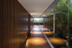 a long hallway with wooden walls and flooring next to palm trees on both sides