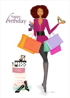 a woman with shopping bags and shoes on her feet is holding a birthday card that reads, happy birthday