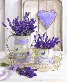 lavender flowers in watering can with heart shaped decoration