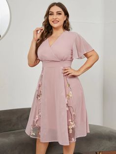 Embroidered Midi Dress, High Waist Dress, V Neck Midi Dress, Plus Size Kleidung, Midi Short Sleeve Dress, Flutter Sleeve Dress, Dress Elegant, Embroidery Dress