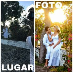 a man and woman posing for pictures in front of a tree with the sun behind them