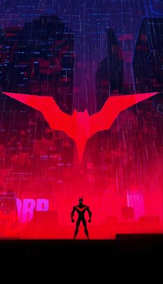 the animated batman movie poster is shown in red and purple colors, with an overcast city