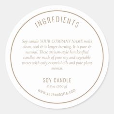 soy candle label for soy candles with the words ingredients on it in gold and white