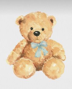 a watercolor painting of a teddy bear with a blue bow