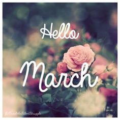 the words hello march are written in white letters with pink flowers behind it and an image of